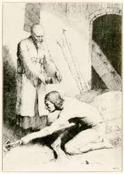 De man met de mestvork uit De Christenreis naar de Eeuwigheid door John Bunyan, illustratie door William Strang